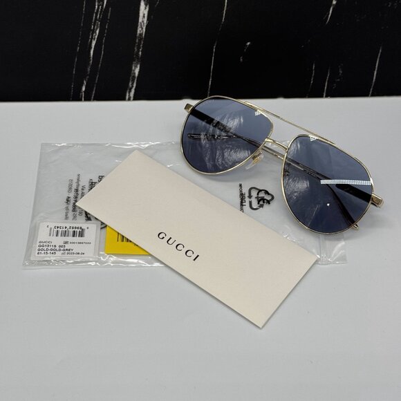 NEW GUCCI GG1311S 003 AVIATOR UNISEX GOLD GRAY SUNGLASSES GUCCI - Picture 10 of 11